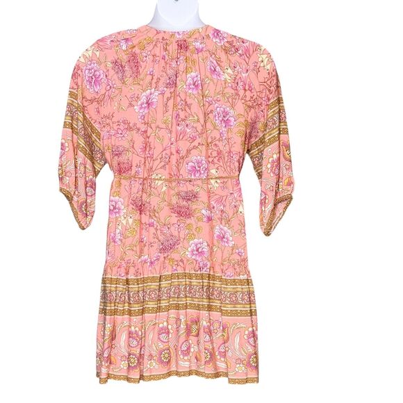 UMGEE Floral Short Dress Rose Gold Tassel Belt 3/4 Puff Sleeve Boho Flowy Large - Picture 10 of 11